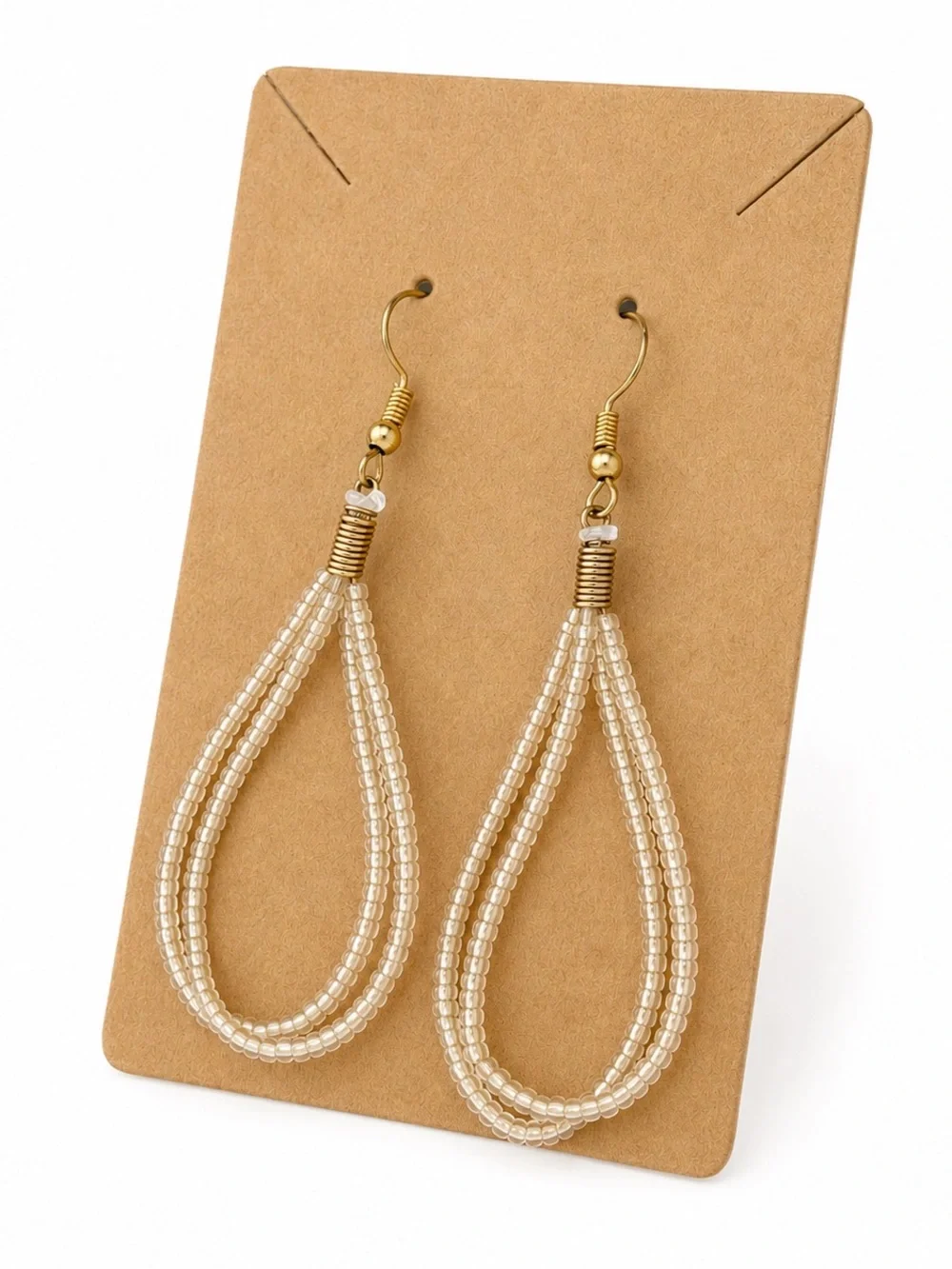 Ivory Seed Bead Teardrop Dangle Earrings Gold Tone Boho Handmade Boutique